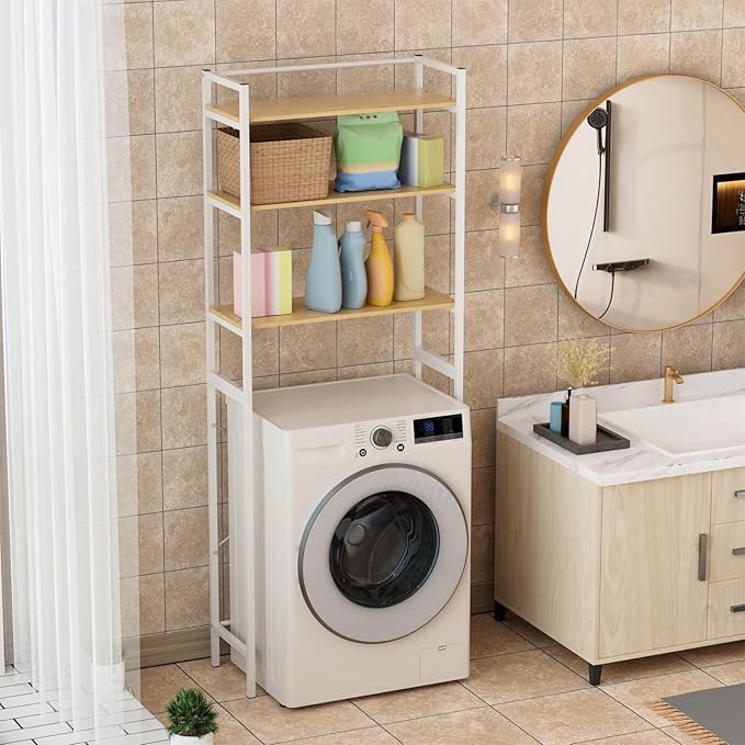 Multi-Tier Over Washer Dryer Storage Rack - 50LBS Capacity Carbon Steel Organizer with Hanging Rod, Anti-Tip & Anti-Slip for Laundry Room Kitchen Bathroom White