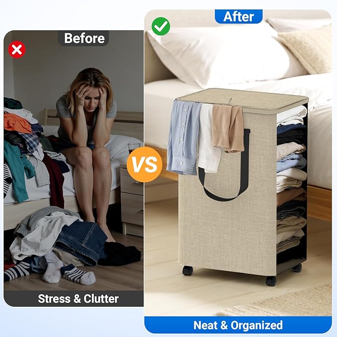 Laundry Basket with 5 Wheels, Tall Dirty Laundry Hamper, Rolling Laundry Basket with Lid, Large 90L Collapsible Clothes Hamper for Laundry Room Bedroom Bathroom Dorm, Khaki