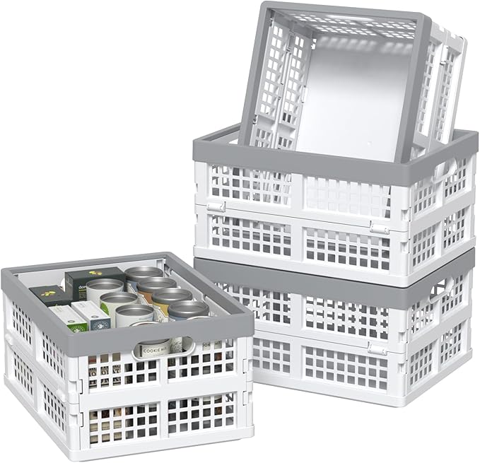 4 Packs 15 Liter Small Collapsible Heavy Duty Storage Bin/Container, Plastic Stackable Utility Folding Crate Basket, White