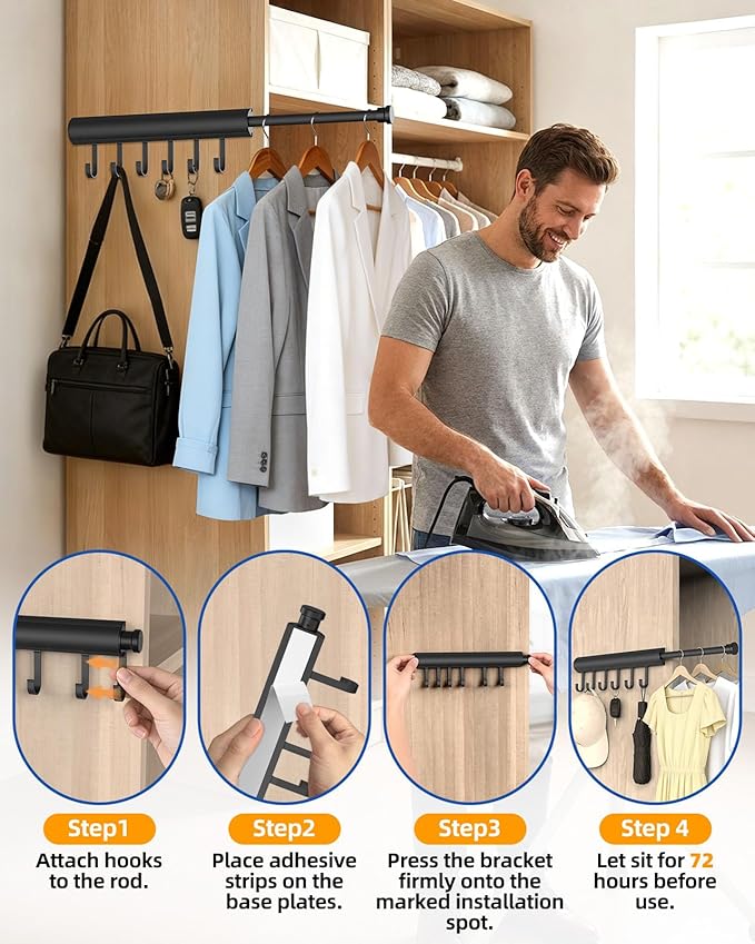 12 Inch Valet Rod for Closet Pull Out, Expandable with 6 Hooks, Closet Rod for Laundry, Bedroom & Tomorrow’s Outfit (Black, 1 Pack)