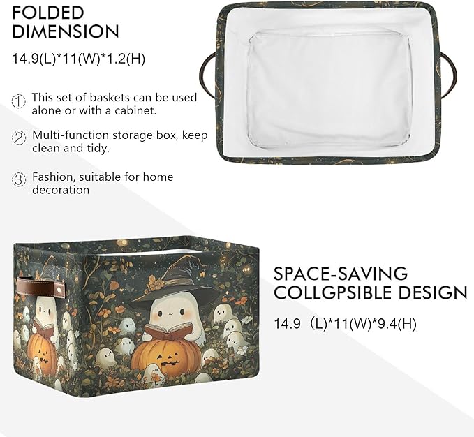 xigua Cute Ghost Wearing Witch Hat Storage Basket Foldable Storage Bin, Canvas Rectangular Storage Basket with Leather Handles for Home Closet & Office Decoration
