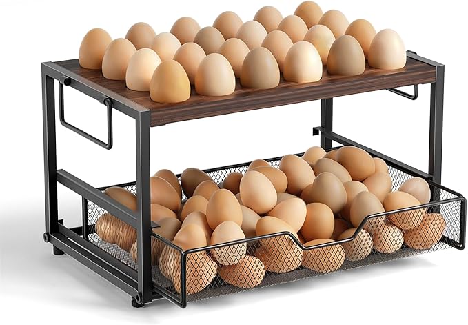 2-Tier Wooden Egg Holder Countertop with Basket – Holds 24+60 Chicken, Duck & Quail Eggs, Easter Eggs – Compact Countertop Holder with Carry Handle for Easy Transport
