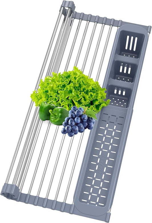 BBXTYLY Expandable Roll Up Dish Drying Rack,Over The Sink Drying Rack Sink Kitchen Accessories Rolling up Stainless Steel Drainer, Foldable with Removable Utensil Holder(Gray)