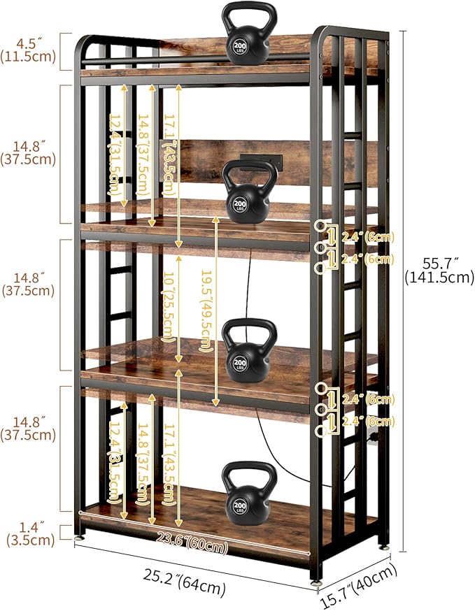 METYERRY Adjustable 4-Tier Heavy Duty Kitchen Baker's Rack with Power Outlet, with Industrial Wheels, Free Standing Microwave Oven Cart Stand for Storage in Living Room, Garage, Rustic Brown