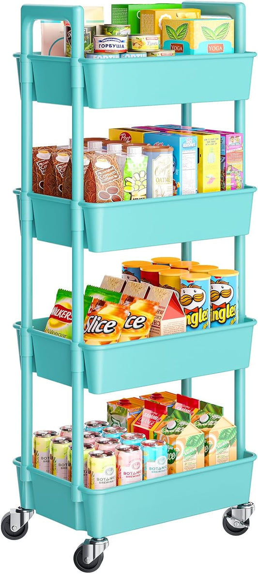 Pipishell 4 Tier Rolling Cart Organizer, Plastic Rolling Cart with Lockable Wheels & Reinforced Handle, Lightweight Utility Storage Cart for Nursery, Kitchen, Craft Room, Turquoise
