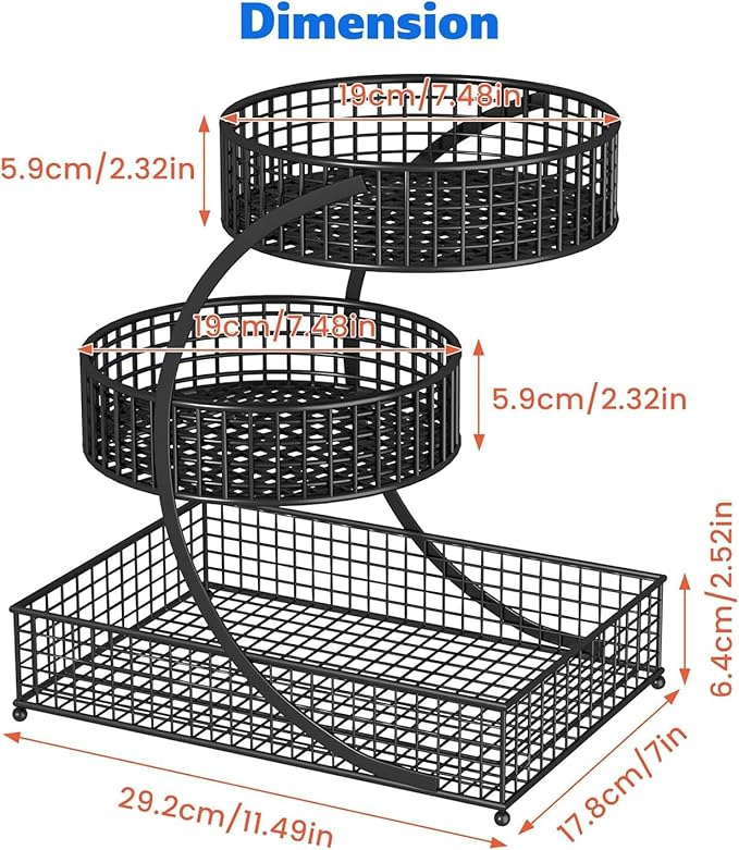 3-Tier Metal Multi-Functional Organizer Basket | Makeup, Skincare, Fruit & Spice Storage Rack | Countertop Vanity, Bathroom & Kitchen Organizer Holder | Stylish Black Wire Shelf (Black)