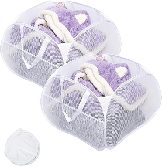 Collapsible Laundry Basket, 90L Foldable Pop-up Laundry Hamper with Handles, Mesh Dirty Clothes Hamper for Laundry, Bathroom, Kids Room, Dorm,Travel or Camping (White, 2PCS)