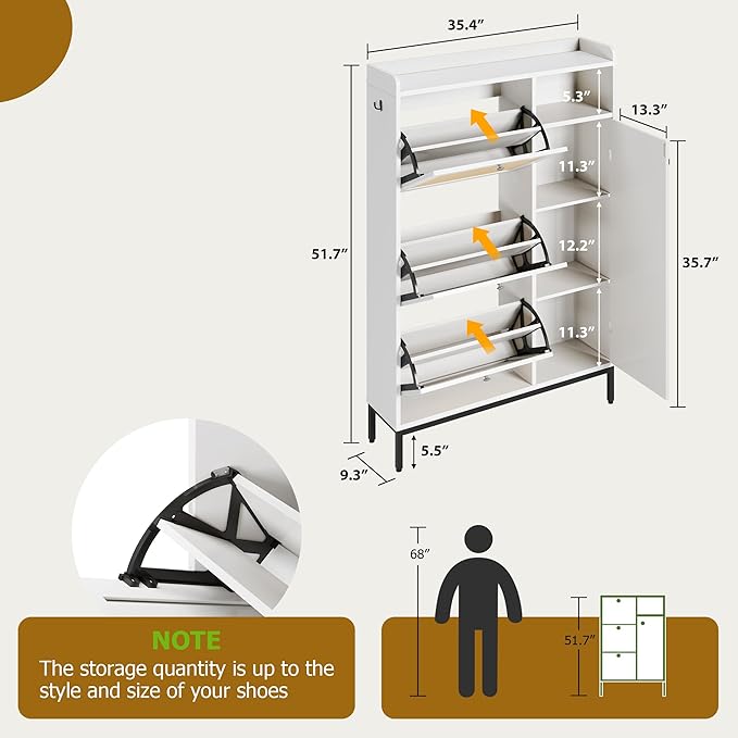GarveeHome Shoe Cabinet Rattan with 3 Flip Drawers and 4-Tier Shoe Storage Cabinet, Freestanding Shoe Organizer with Adjustable Shelves for Entryway, Closet, Hallway (White)