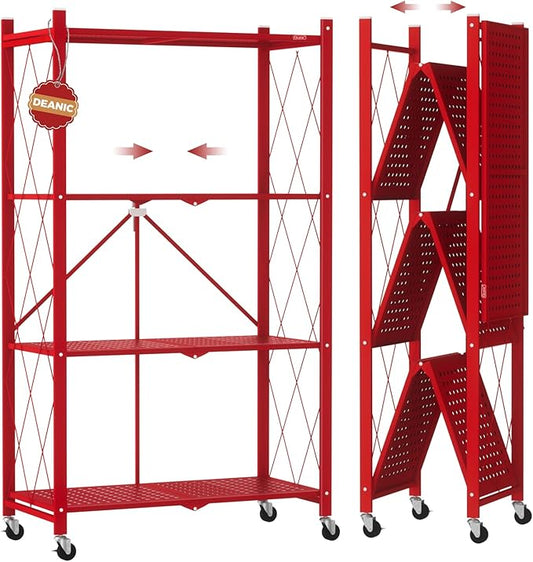 DEANIC 4 Tier Foldable Storage Shelves with Wheels, Large Capacity Shelving Unit, Freestanding Metal Wire Shelf Rack, No Assembly Organizer Rack for Garage Kitchen, Basement(Red)