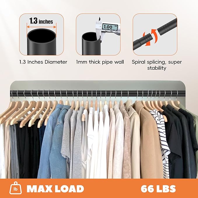 Closet Rod 50-75 Inches, Adjustable Heavy Duty Metal Black Closet Rods for Hanging Clothes 1.3 Inches Diameter for Wardrobes Laundry