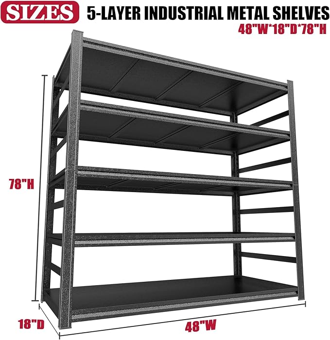 Garage Shelving Heavy Duty Storage Shelves 3500LBS 5-Tier Adjustable Metal Shelving Units Garage Storage Shelves for Industrial, Warehouse, Basement, Commercial, 78"H × 48"W × 18"D, Black
