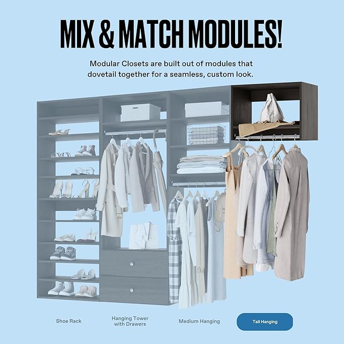 Tall Hanging Closet Unit - Modular Closet System for Hanging - Corner Closet System - Closet Organizers and Storage Shelves (Grey, 31.5 inches Wide) Closet Shelves