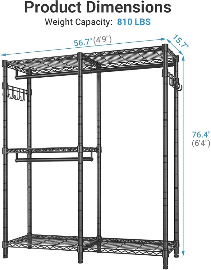 VIPEK V4C Garment Rack with Cover, Heavy Duty Portable Closet Adjustable Metal Clothing Rack for Hanging Clothes with Hanging Rods & Side Hooks, Max Load 810lbs, Black Rack with Black Cover