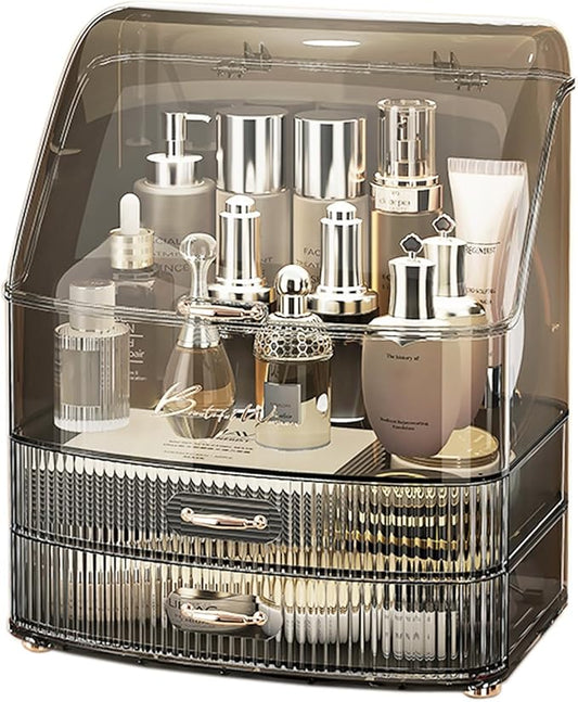 Makeup Organizer Countertop Vanity with Transparent Lid Drawers Waterproof Dustproof Cosmetic Skincare Bathroom Storage Gift for Women Teens Girls (Clear Black)