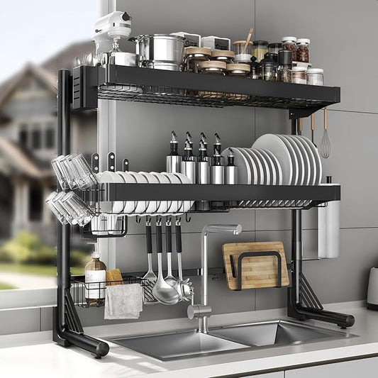Over Sink Dish Drying Rack, 3-Tier Full Stainless Steel Drainer Dish Rack Adjustable 20.9''-37.4'', Expandable Multifunctional Kitchen Organizer
