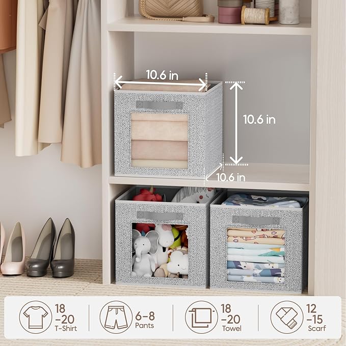 Homsorout Foldable Storage Cubes - Cubby Storage Organizer with Window, Decorative Fabric Bins for Clothes Storage, Closet Organizers for Shelves, 11inch, Set of 8, Light Grey