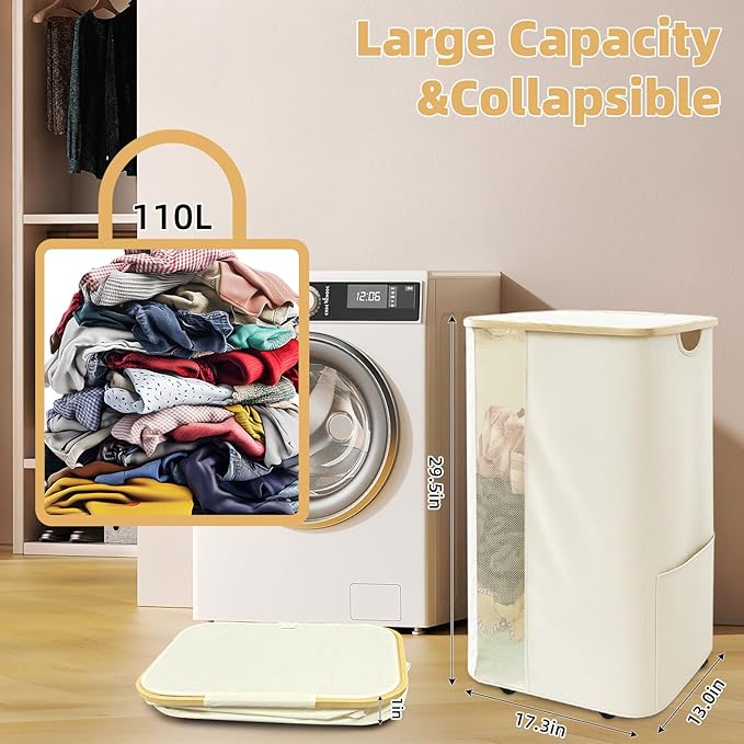Rolling Laundry Hamper with Lid & Wheels, 110L Slim Double White Laundry Hamper 2 Section, Narrow Large Laundrys Hampers with Removable Bags&Breathable Mesh, Dirty Clothes Hampers for Bedroom