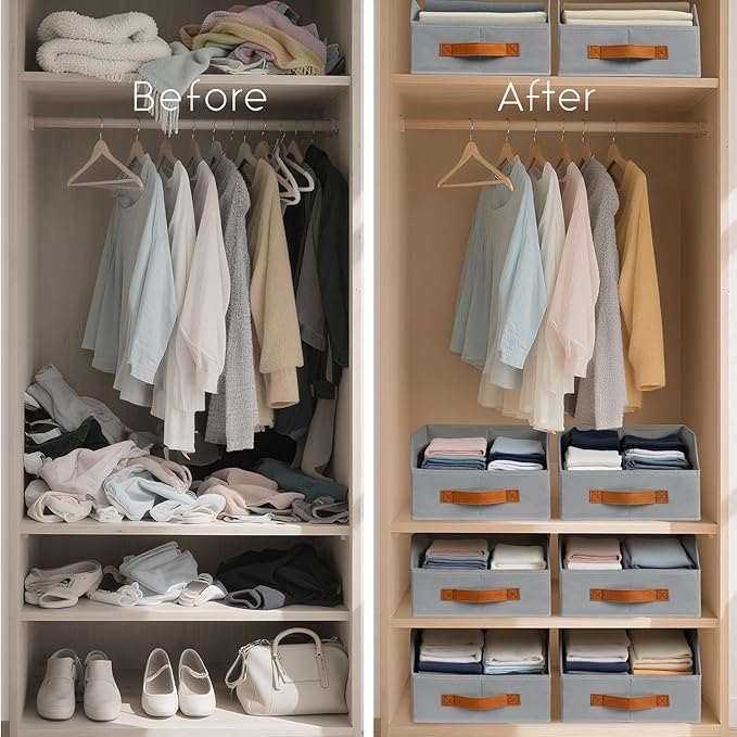 Homsorout Fabric Storage Bins for Organizing - 6 Pack Large Trapezoid Collapsible Storage Bins with Front Handle, Closet Organizers and Storage for Bedroom, Home Shelves, Small Spaces, Grey