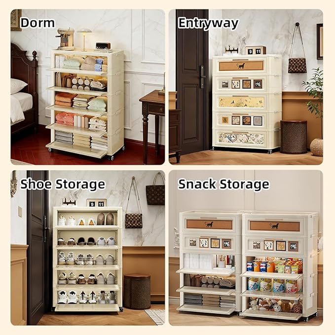 180QT Foldable Storage Cabinet with Lids, Stackable Storage Drawers with Doors and Wheels,ABS Durable Storage Cabinet Organizer for Home, Living Room, Kitchen, Stylish Home Decor (3 Tier)