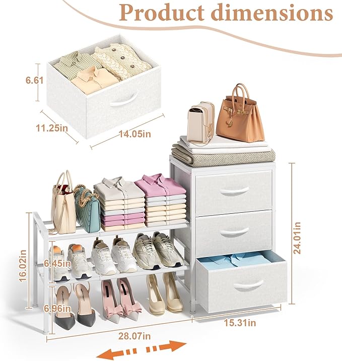 Cidaziya Expandable Closet Organizers and Storage, White Fabric Storage Dresser, 3 Drawer Dresser, Clothes Shelves for Kids, Purse Organizer Small Shoe Rack for Closet Bedroom