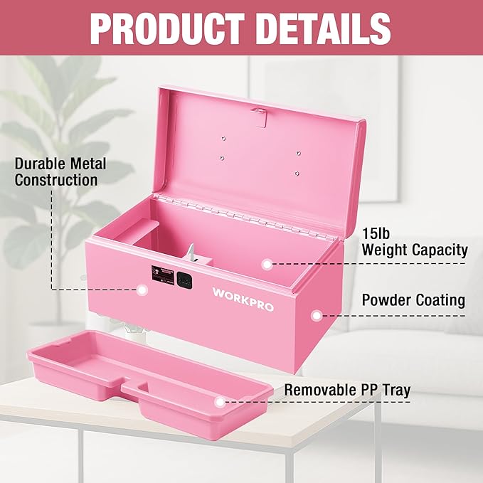 WORKPRO 10.8" Portable Mini Metal Tool Box with Removable Color-Matching Tray, One-Button Latch Toolbox, Steel Tool Chest with PP Handle, Compact Storage Organizer for Home, Office or Workshop