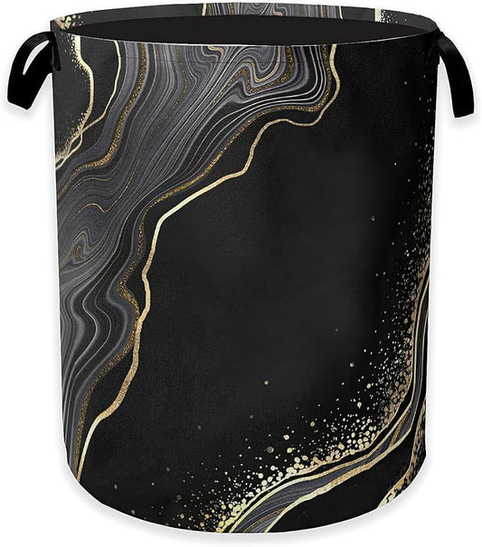 Black Gold Marble Laundry Basket,Modern Clothes Hamper,Oxford Cloth Collapsible Nursery Hamper Storage Organization for Bedroom,Bathroom,Office,College Dorms,16x20 Inch