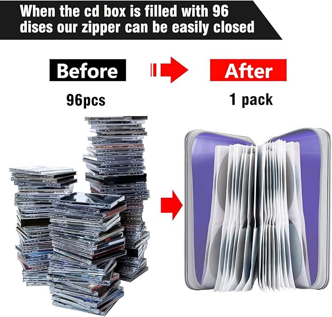 CD Case, Siveit DVD Case Holder 96 Capacity Hard Plastic CD DVD Disc Cases Storage Binder Wallet for Car Home Office Travel (Lavender)