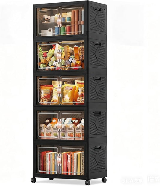 Collapsible Storage Bins with Lids&Wheels-311QT(78Gal) Stackable Plastic Containers with Doors,Heavy-Duty Foldable Organizer Bins for Home,Office,Books,Black,5-Pack
