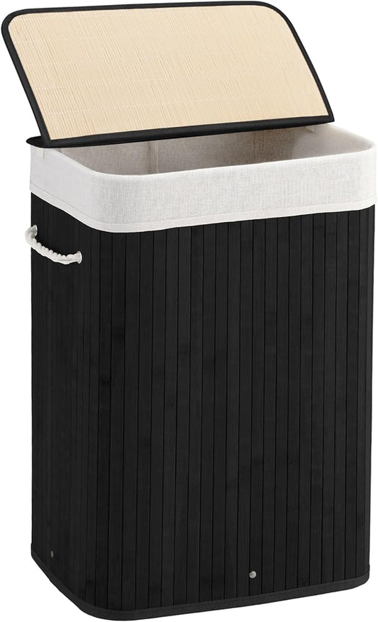 Aliphon 72L Slim Laundry Hamper with Lid, Foldable Bamboo Clothes Laundry Basket with Handles, Removable and Machine Washable Liner, for Bedroom, Bathroom, Dorm, Ink Black