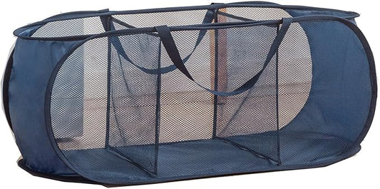 Mesh Laundry Hamper Basket, Sturdy 3 Compartments Laundry Basket, Foldable Pop up Laundry Hamper with Side Pocket for Laundry Room, Bathroom, Kids Room, College Dorm or Travel, Navy