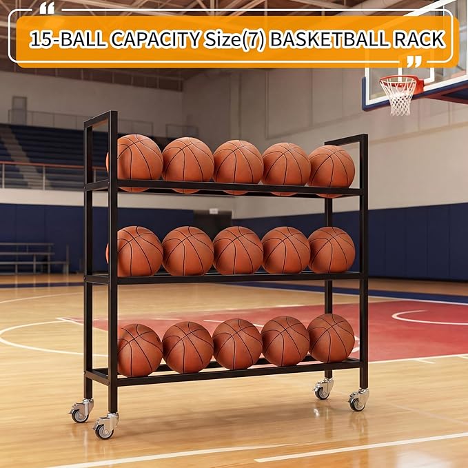 Colingmill Heavy Duty Basketball Rack with Wheels, Multi-Tier Rolling Ball Storage Cart, Sports Equipment Organizer for School, Gym, Club Shoot Training