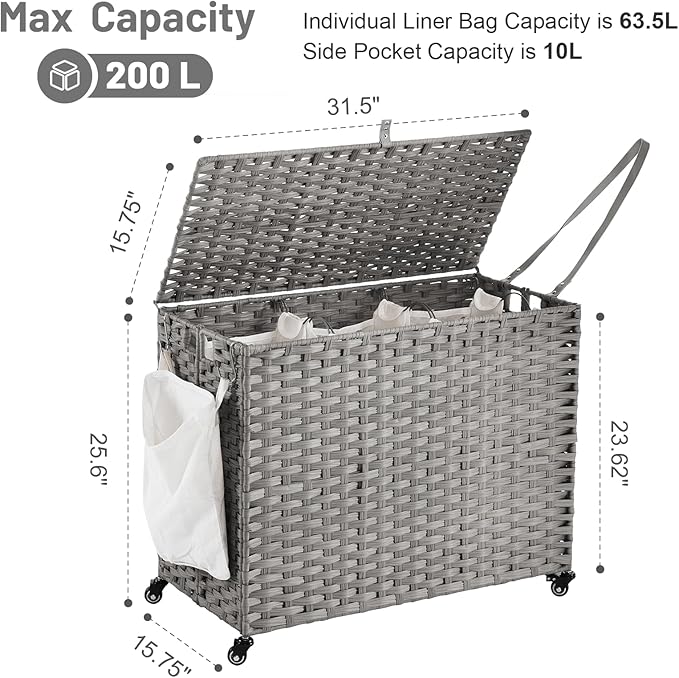 Laundry Hamper with Wheels, 52.8 Gallon(200L) Rolling Laundry Basket with Lid, 3-Section Rattan Clothes Hamper with 3 Removable Liner & 3 Mesh Bags, Laundry Sorter with Side Pocket, Grey
