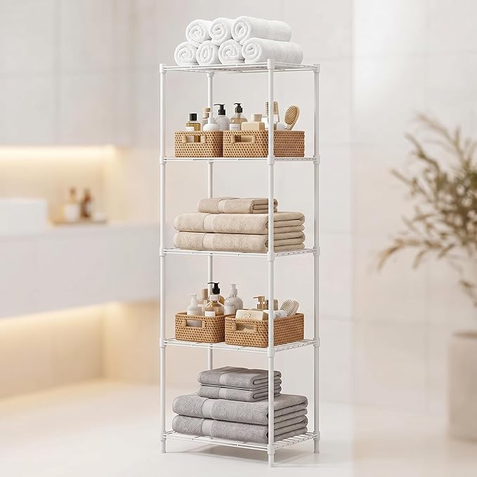 5-Tier Metal Storage Shelving Unit, 55" H Compact Wire Rack with Adjustable Leveling Feet, Standing Organizer for Kitchen Pantry Closet Laundry, 13.78" D x 17.72" W x 55.12" H