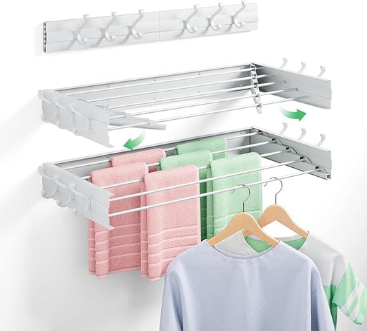 BAKON Wall-Mount-Clothes-Drying-Rack for Bathroom, Foldable-Drying-Rack-Clothing for Small Space, 31.5'' Laundry-Dry-Rack-Collapsible with 6 Hooks and 5 Poles for Living Room, Bedroom, White