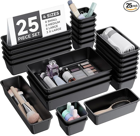 BiuLeon 25 PCS Plastic Drawer Organizers Set, 4-Sizes Vanity and Makeup Organizer, Desk and bathroom Drawer Organizer Trays, Organizers and Storage for Makeup, Jewelry, Gadgets, Utensils (Black)