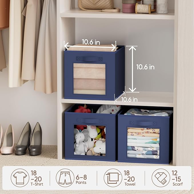 Homsorout Storage Cube 11 Inch - Cube Storage Bins with Window, Closet Storage Baskets with Handle, Fabric Bins for Closet, Shelves, Toys, Clothes, Set of 10, Navy Blue