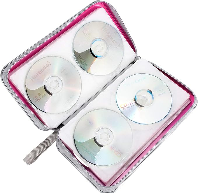 CD Case, Siveit DVD Case Holder 96 Capacity Hard Plastic CD DVD Disc Cases Storage Binder Wallet for Car Home Office Travel (Hot Pink)