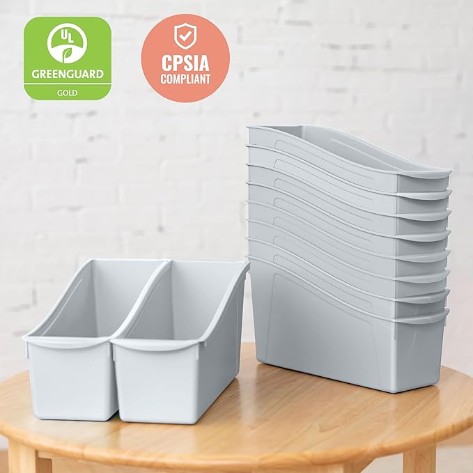 ECR4Kids Linking Plastic Storage Book Bin, Multipurpose Organization, Light Grey, 10-Piece