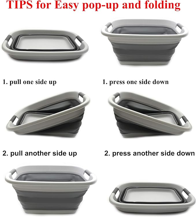 SAMMART Set of 2-31L (8.1 Gallon) Collapsible Plastic Laundry Basket-Pop Up Storage Container-Portable Washing Tub-Space Saving Hamper/Basket, Water Capacity: 23L (6 Gallon) (2, Light Grey)