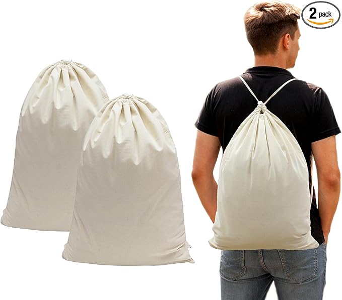 COTTON CRAFT Large Laundry Bag Backpack - 2 Pack Heavy Duty Durable Canvas Drawstring Closure Laundry Bag - Washable Utility Sack, College Dorm Hamper, Travel Laundry Organizer -18x24 inches - Natural