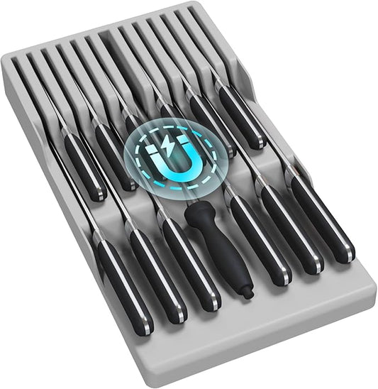 Lifewit Magnetic Drawer Knife Organizers Insert, Kitchen Plastic In Drawer Knife Block Slots, Steak Chefs Knives Holder Storage Sets for 12 Knives and 1 Sharpening Steel, Large, Gray