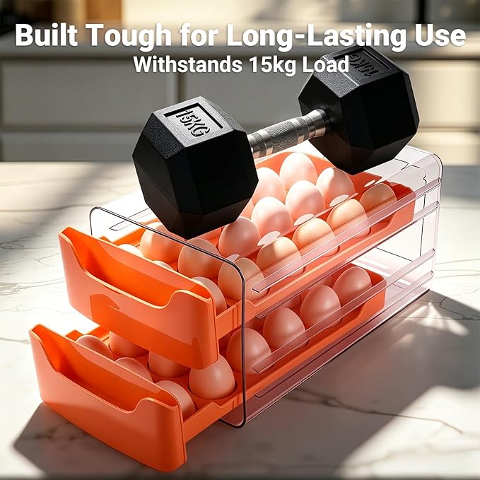 36-Egg-Holder for Fridge, Egg-Storage for Refrigerator Countertop, 2 Tier Dispenser with Drawer, Stackable Clear Egg Tray Container, Egg Organizer, Fits Large Eggs, Orange
