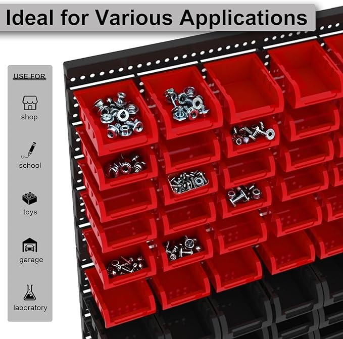 Wall Mounted Storage Bins, Nut and Bolt Organizer, Plastic Bolt Bin, Screw Organizer, Storage Bins for Garage (RED+BLACK, EXTRA LARGE(90PCS))