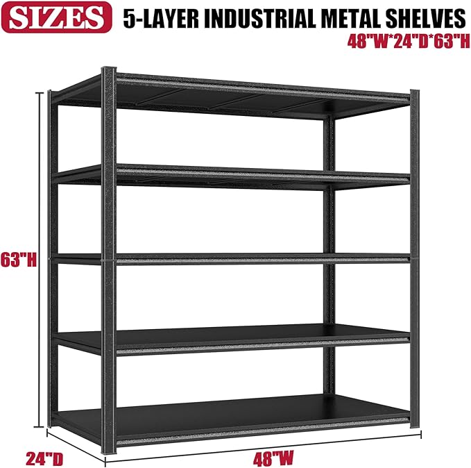 PRESTELION Garage Shelving Heavy Duty 3500LBS Garage Storage Shelves 5-Tier Adjustable Metal Shelving Units for Industrial, Warehouse, Basement, Commercial, 63" H × 48" W × 24" D, Black