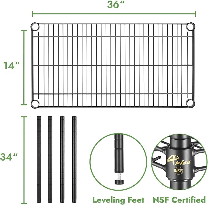 APLSS 14" D x 36" W x 34" H Black Heavy Duty Wire Shelving with 3 Tier Shelves, NSF Certified, Height Adjustable, Wet&Dry Environments, for Kitchen Garage Walk-in Cooler&Freezer, 800lbs Capacity