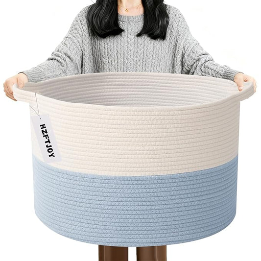 90L Large Blanket Basket,21.7"L x 21.7"W x 13.8"H Rope Woven Baskets with Handles, Toys Storage Bins,Laundry Basket Perfect for Living Room, Nursery,Bedroom,Home Organization,White&Blue