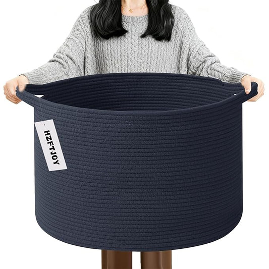 90L Large Blanket Basket,21.7"L x 21.7"W x 13.8"H Rope Woven Baskets with Handles, Toys Storage Bins,Laundry Basket Perfect for Living Room, Nursery,Bedroom,Home Organization,Dark Blue