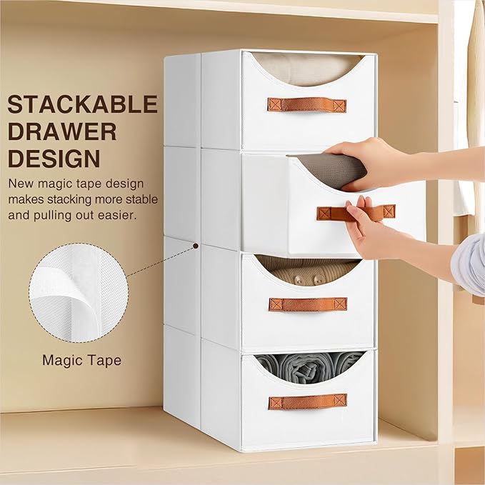 Homsorout Stackable Storage Drawers - Collapsible Storage Bins with Drawers, 4 Pack Closet Shelf Organizer Basket, Fabric Pull Out Organizer for Bedroom, Living Room, Dorm, White