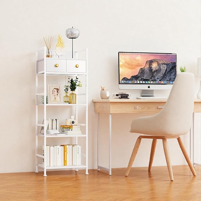 Storage Tower with USB Outlet & LED Lights, 2 Fabric Drawers and 4 Shelves, Narrow Closet Organizer for Bedroom, Bathroom, Entryway, White
