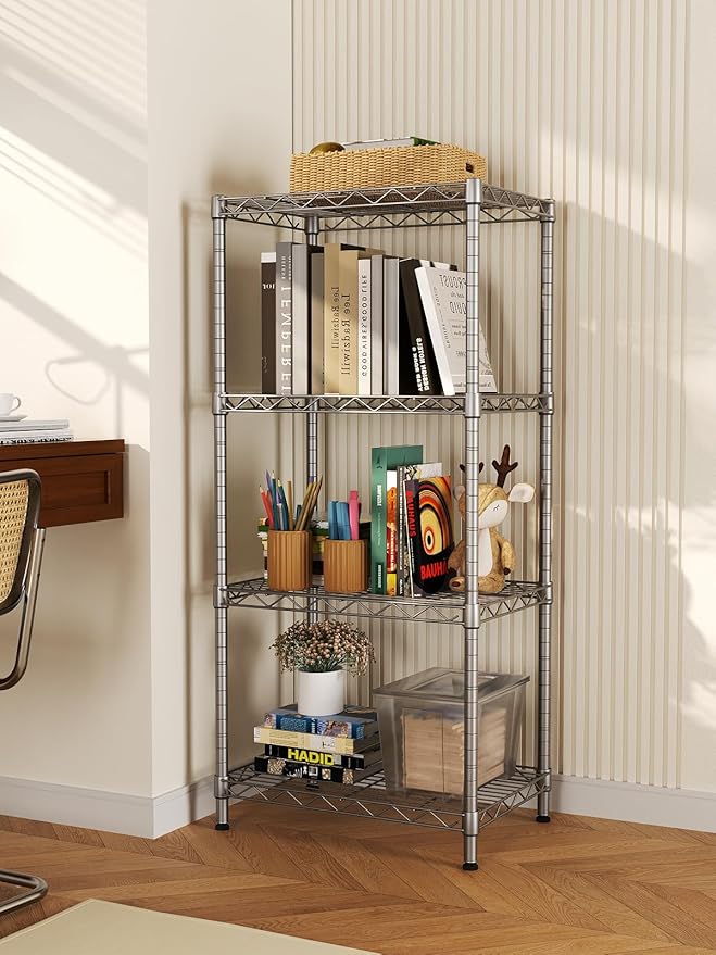 SINGAYE 4 Tier Shelf Adjustable Storage Shelf Wire Shelving 400LBS Load Capacity Metal Storage Rack for Kitchen Office Home Storage Pantry Room Silver 12" DX18 WX43.5 H